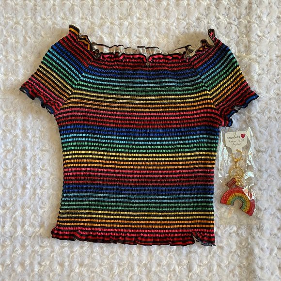 Beautees Girls Rainbow Colors Stretch Short Sleeve Top-L - Picture 2 of 7